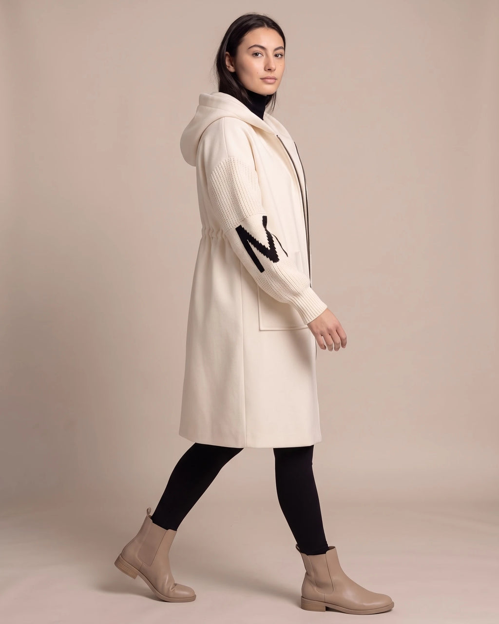 Women's Long Coat with Hood, Contrast Knit Sleeves and Drawstring Waist