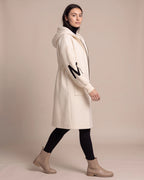 Women's Long Coat with Hood, Contrast Knit Sleeves and Drawstring Waist