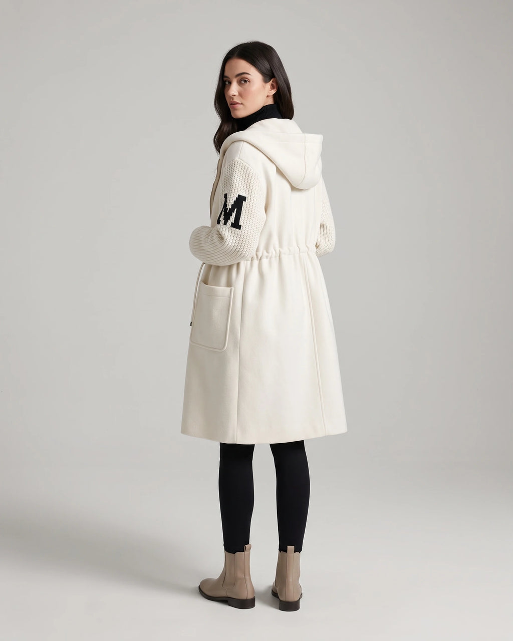 Women's Long Coat with Hood, Contrast Knit Sleeves and Drawstring Waist