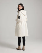Women's Long Coat with Hood, Contrast Knit Sleeves and Drawstring Waist