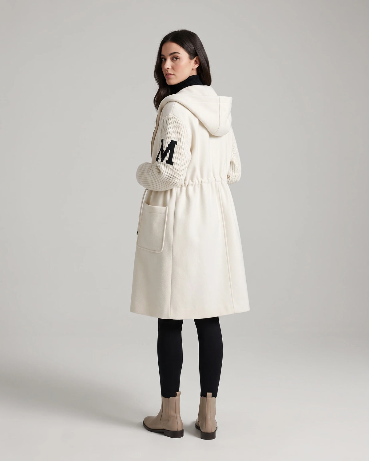 Women's Long Coat with Hood, Contrast Knit Sleeves and Drawstring Waist