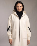 Women's Long Coat with Hood, Contrast Knit Sleeves and Drawstring Waist