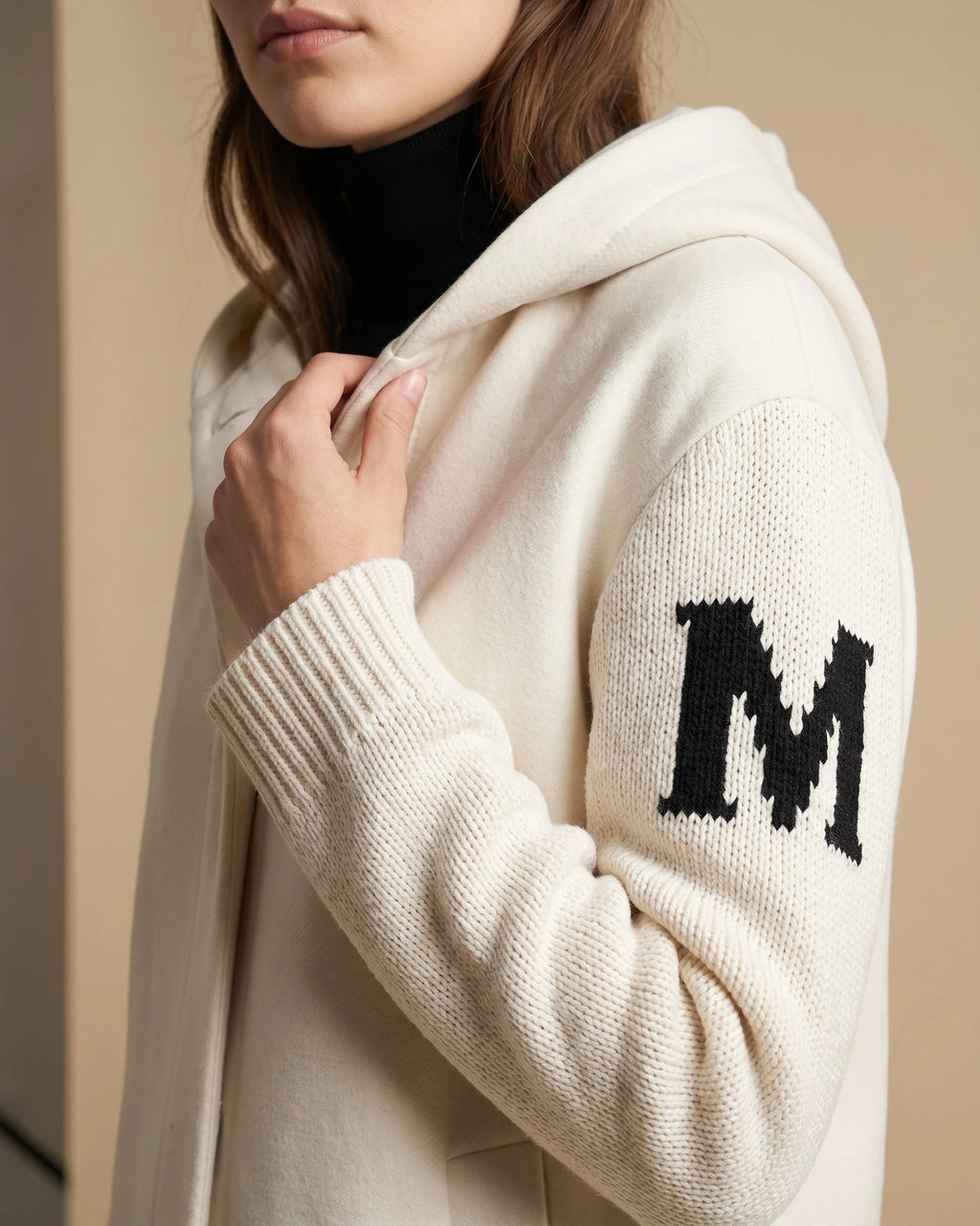 Women's Long Coat with Hood, Contrast Knit Sleeves and Drawstring Waist