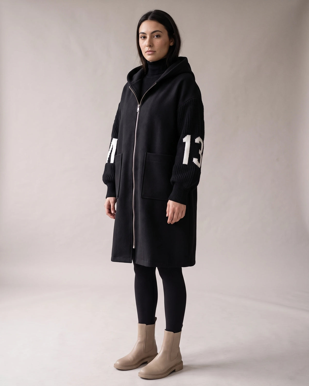 Women's Long Coat with Hood, Contrast Knit Sleeves and Drawstring Waist