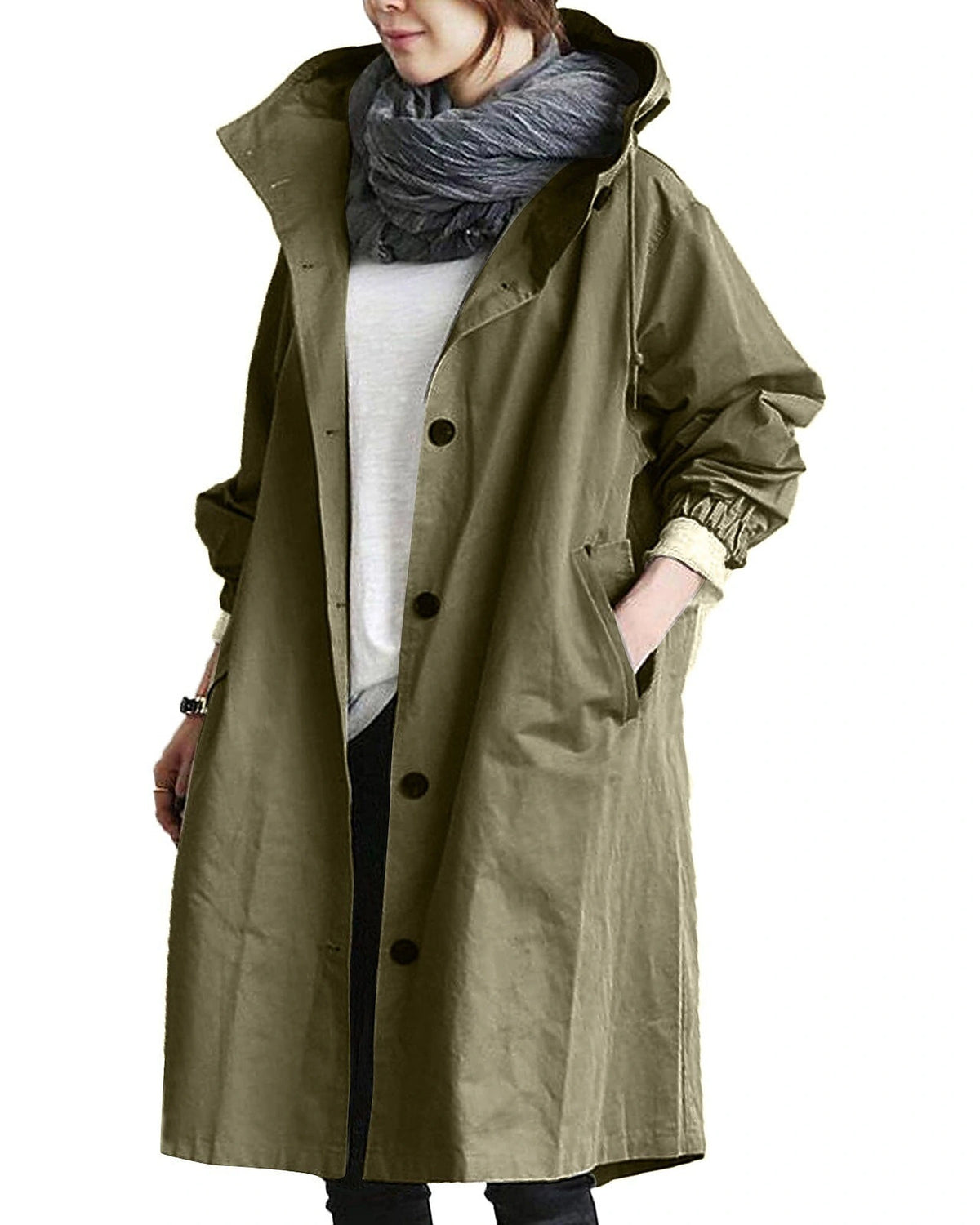 Women's Hooded Longline Raincoat with Button Front and Drawstring Waist – Kitty Mae