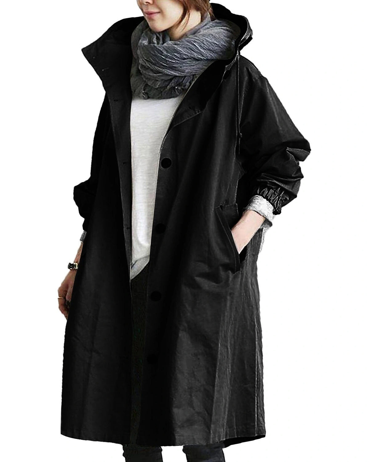 Women's Hooded Longline Raincoat with Button Front and Drawstring Waist – Kitty Mae