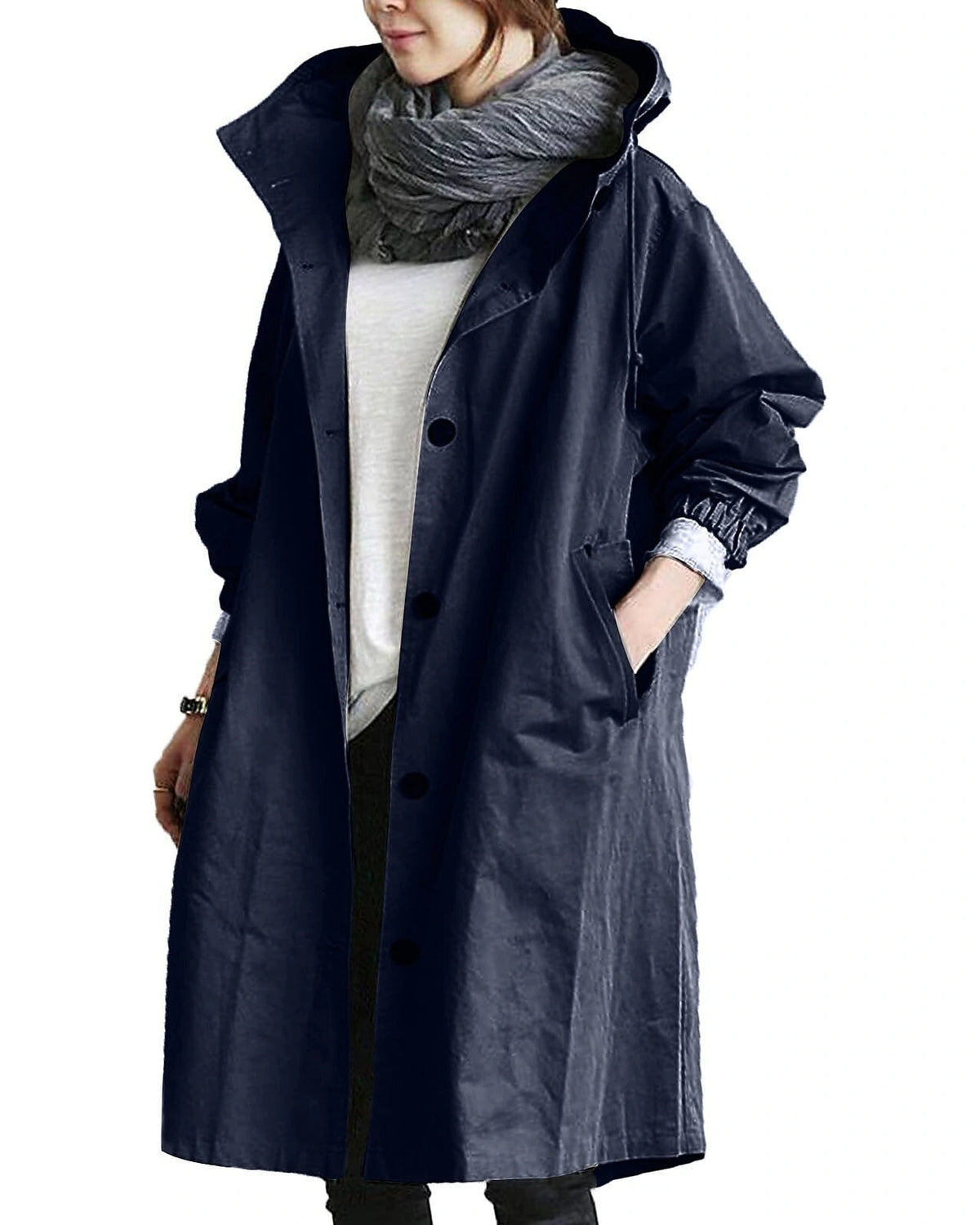 Women's Hooded Longline Raincoat with Button Front and Drawstring Waist – Kitty Mae