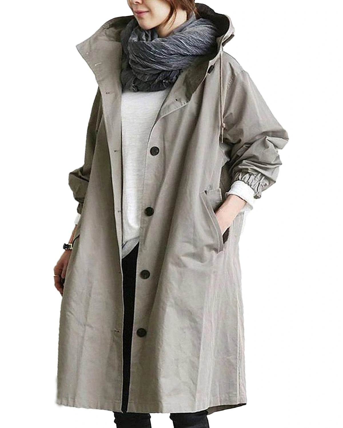 Women's Hooded Longline Raincoat with Button Front and Drawstring Waist – Kitty Mae