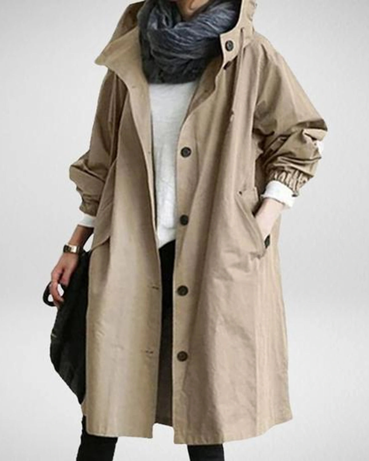 Women's Hooded Longline Raincoat with Button Front and Drawstring Waist – Kitty Mae