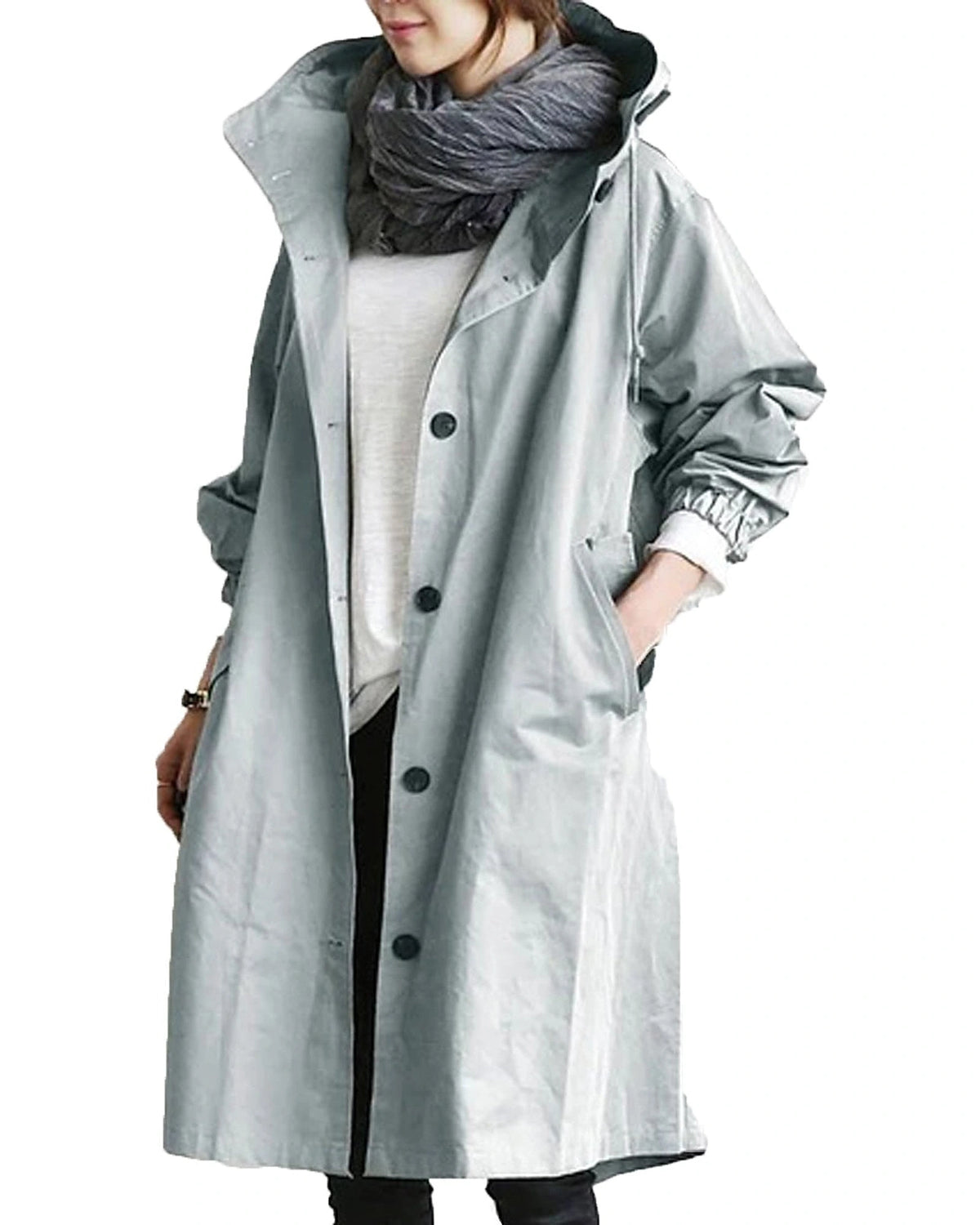 Women's Hooded Longline Raincoat with Button Front and Drawstring Waist – Kitty Mae