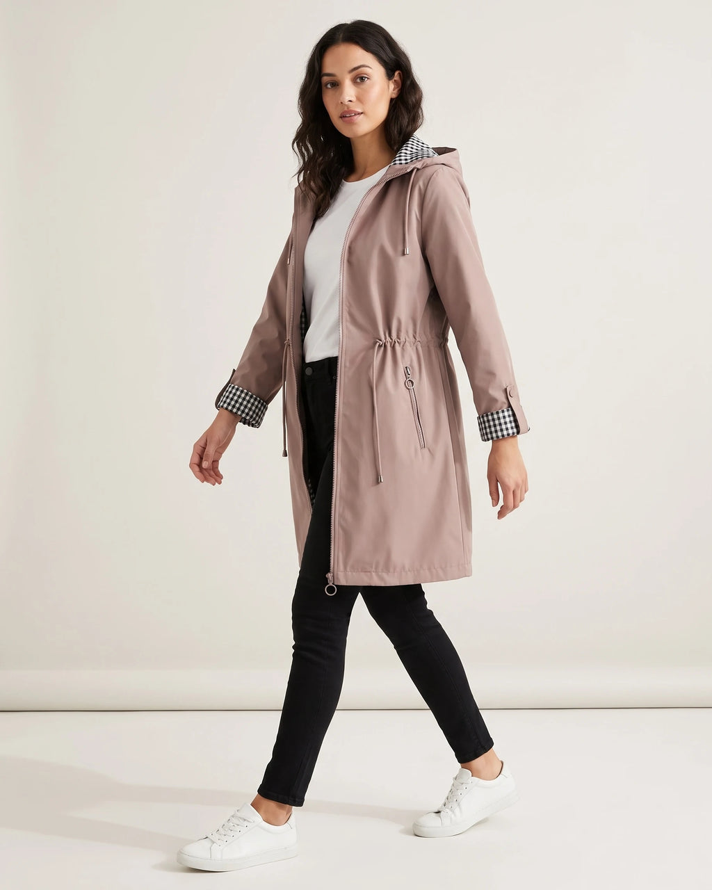 Women's Hooded Raincoat with Check Lining and Drawstring Waist, Longline Fit – Grace