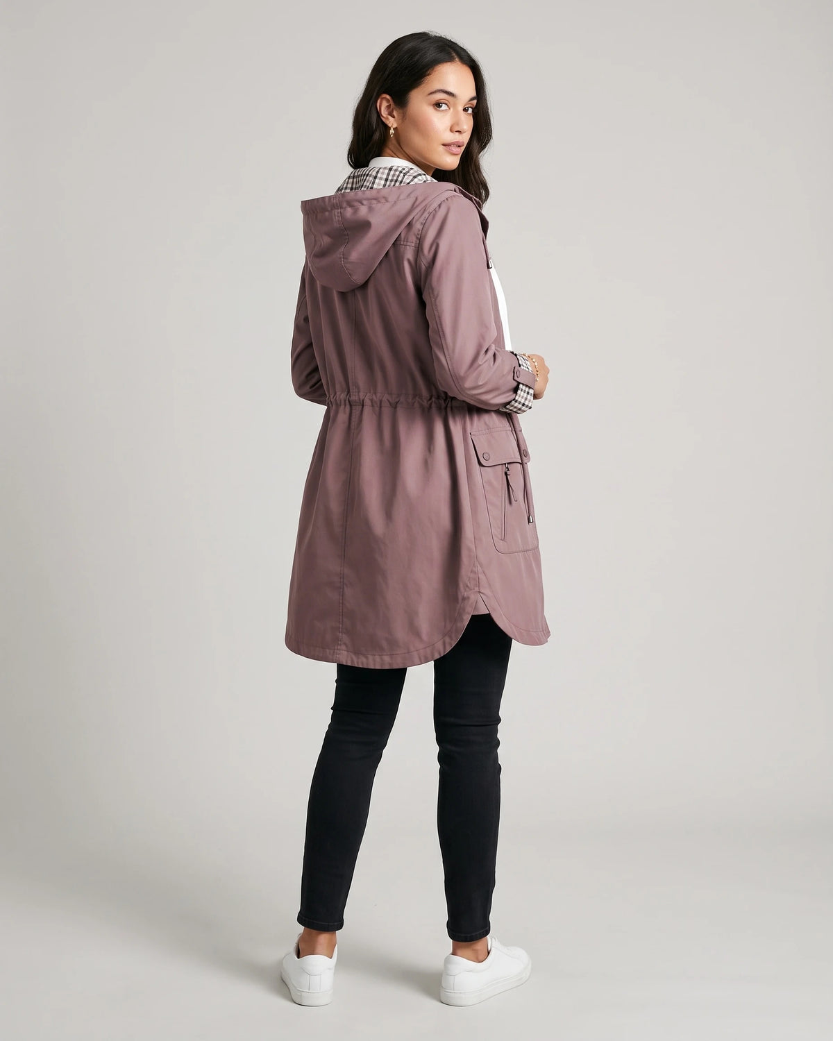 Women's Hooded Raincoat with Check Lining and Drawstring Waist, Longline Fit – Grace