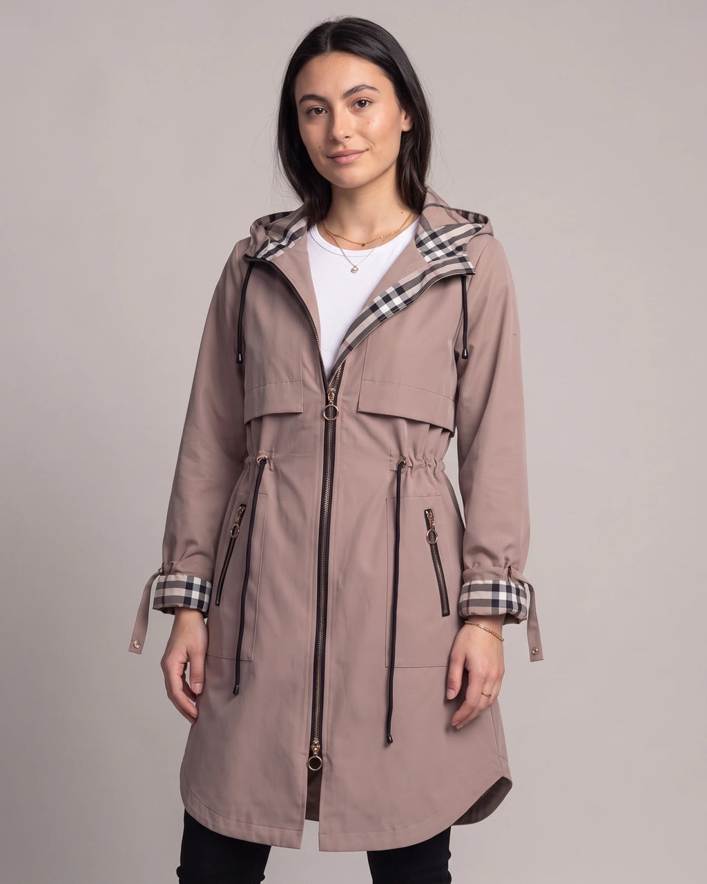 Women's Hooded Raincoat with Check Lining and Drawstring Waist, Longline Fit – Grace