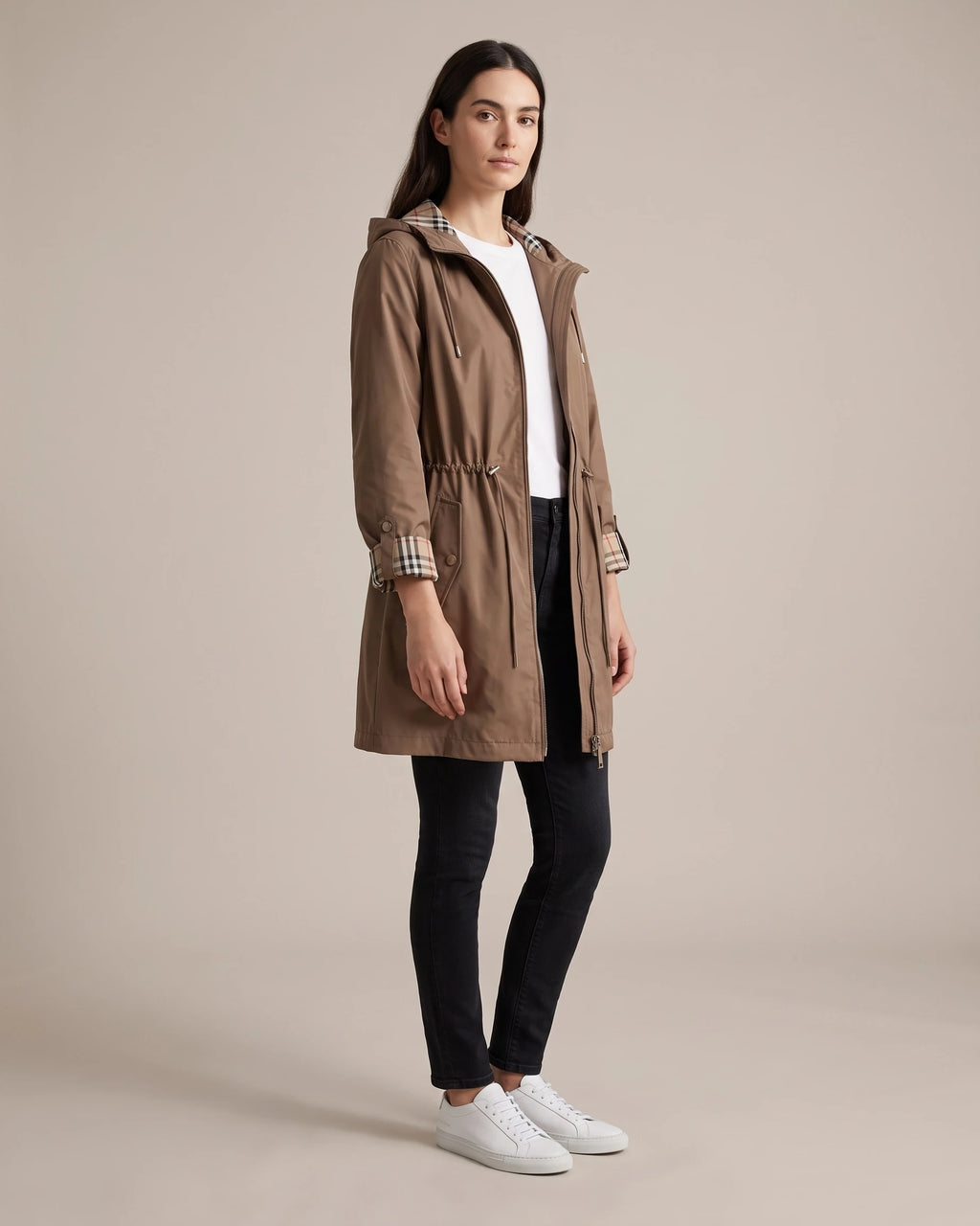 Women's Hooded Raincoat with Check Lining and Drawstring Waist, Longline Fit – Grace