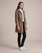Women's Hooded Raincoat with Check Lining and Drawstring Waist, Longline Fit – Grace