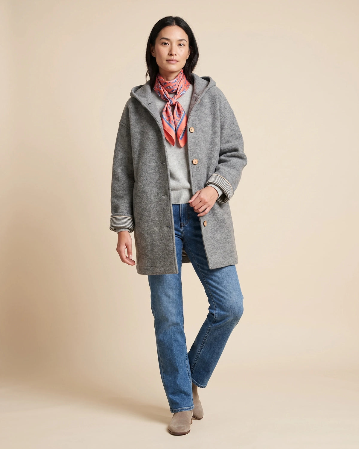 Women's Hooded Boiled Wool Coat with Turn-Back Cuffs and Side Pockets, Longline Length – Merly
