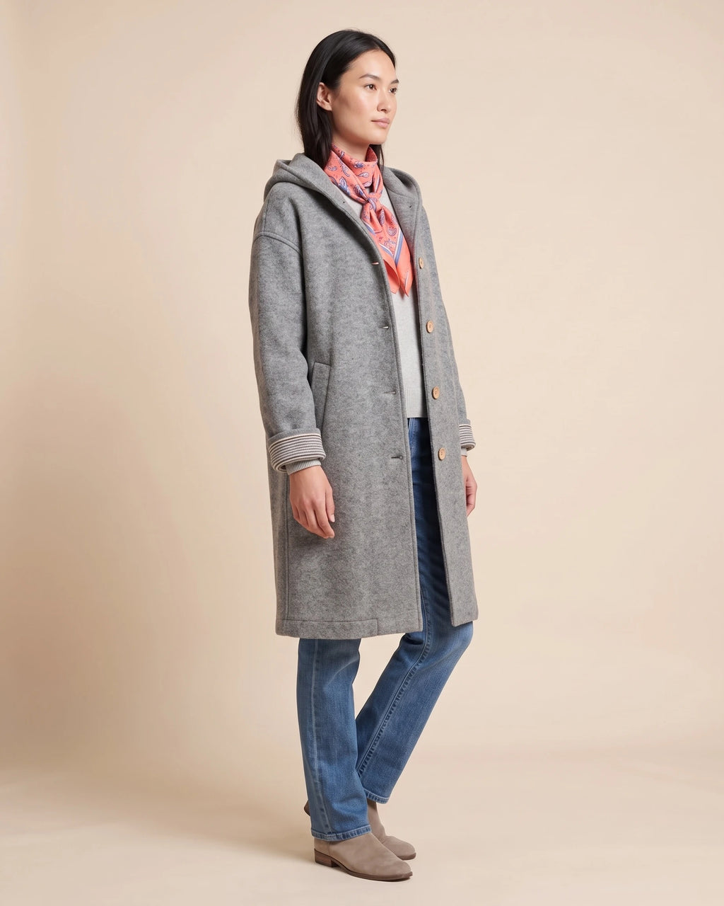Women's Hooded Boiled Wool Coat with Turn-Back Cuffs and Side Pockets, Longline Length – Merly