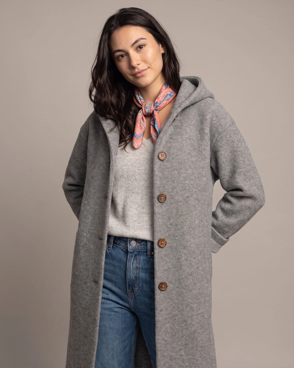 Women's Hooded Boiled Wool Coat with Turn-Back Cuffs and Side Pockets, Longline Length – Merly
