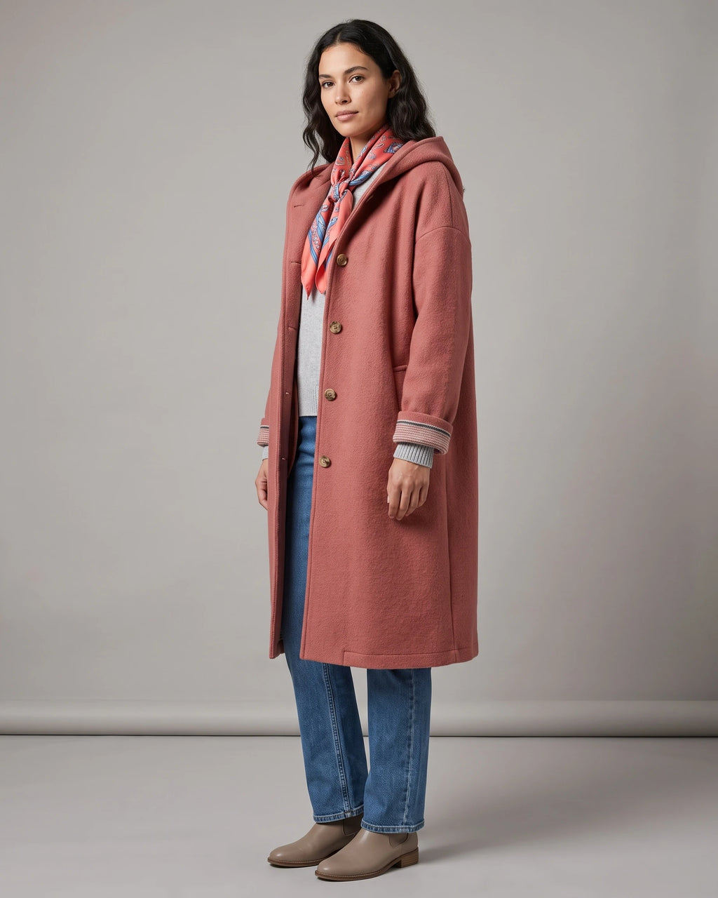 Women's Hooded Boiled Wool Coat with Turn-Back Cuffs and Side Pockets, Longline Length – Merly
