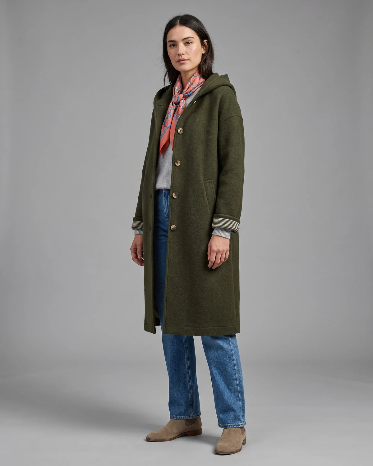 Women's Hooded Boiled Wool Coat with Turn-Back Cuffs and Side Pockets, Longline Length – Merly