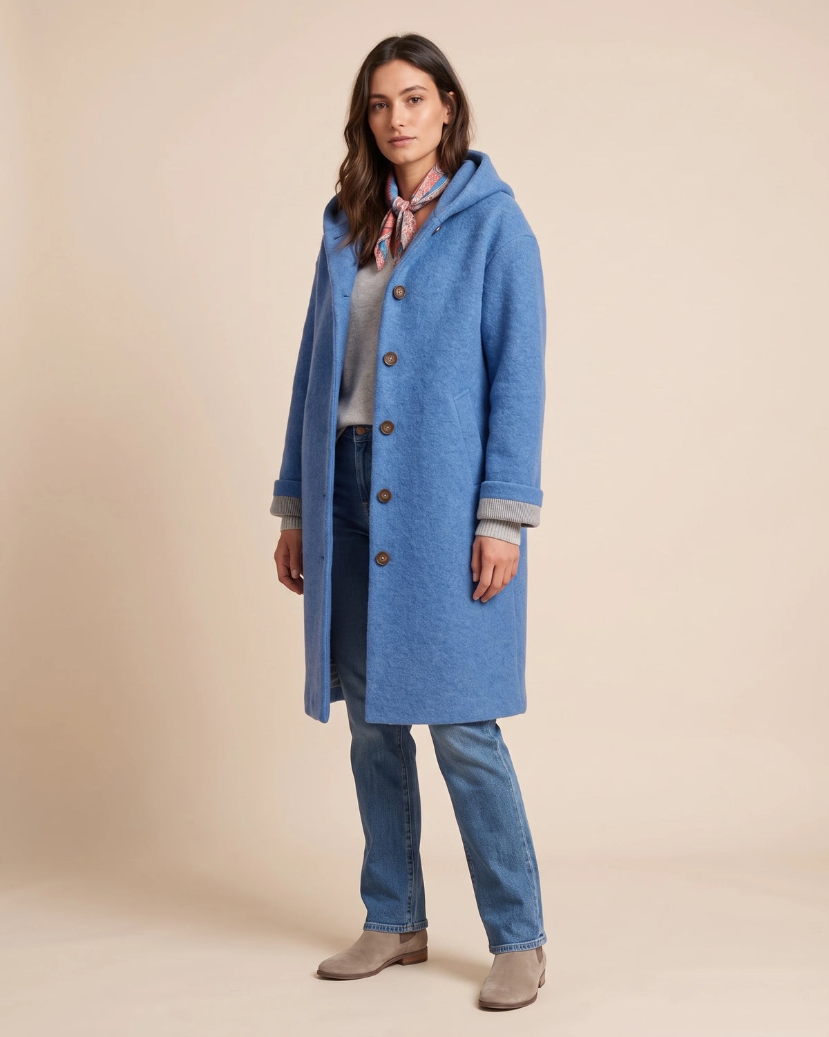 Women's Hooded Boiled Wool Coat with Turn-Back Cuffs and Side Pockets, Longline Length – Merly