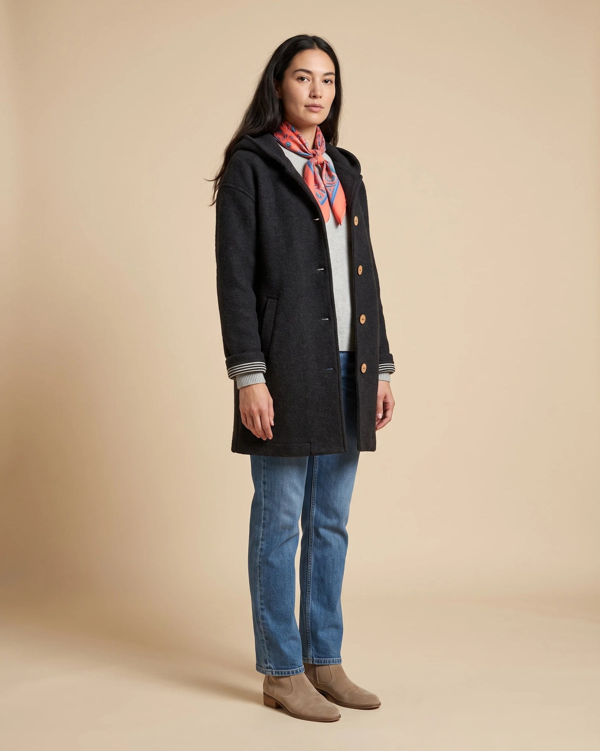 Women's Hooded Boiled Wool Coat with Turn-Back Cuffs and Side Pockets, Longline Length – Merly