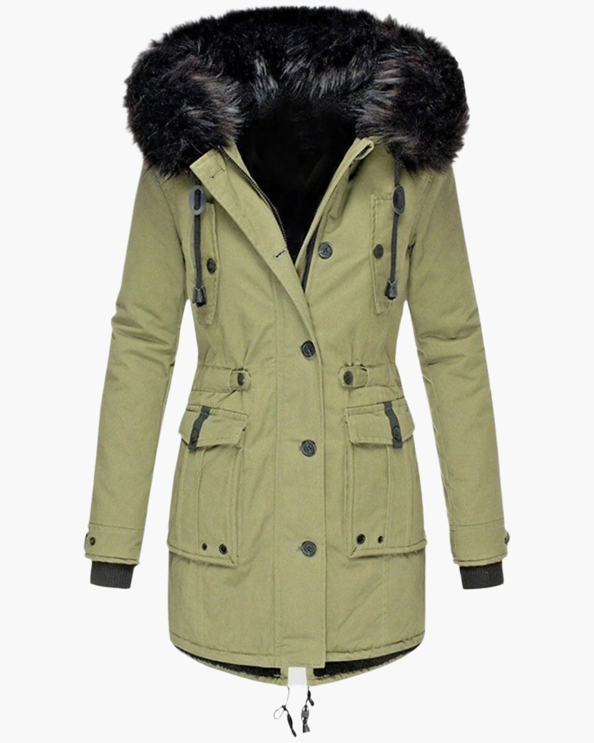 Women's Faux Fur Hooded Padded Parka with Fur Trim and Drawstring Waist – Sienna Belle