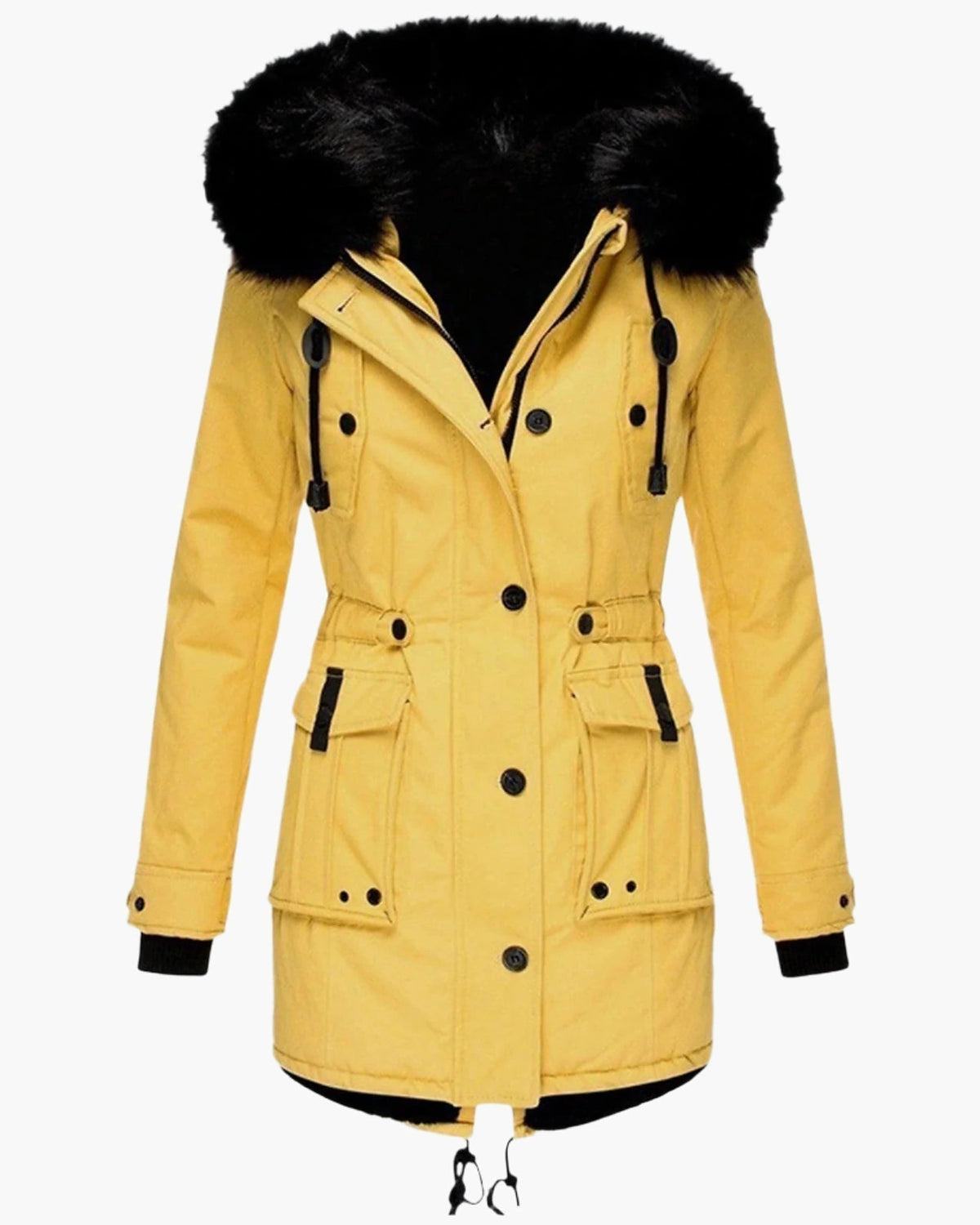 Women's Faux Fur Hooded Padded Parka with Fur Trim and Drawstring Waist – Sienna Belle