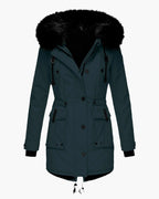 Women's Faux Fur Hooded Padded Parka with Fur Trim and Drawstring Waist – Sienna Belle