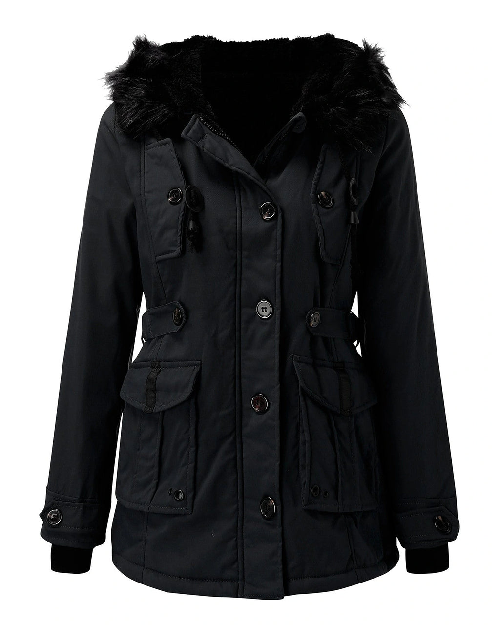 Women's Faux Fur Hooded Padded Parka with Fur Trim and Drawstring Waist – Sienna Belle