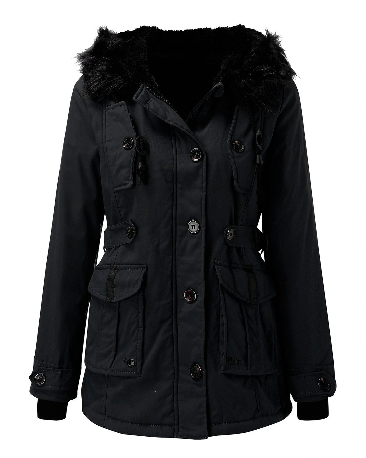 Women's Faux Fur Hooded Padded Parka with Fur Trim and Drawstring Waist – Sienna Belle