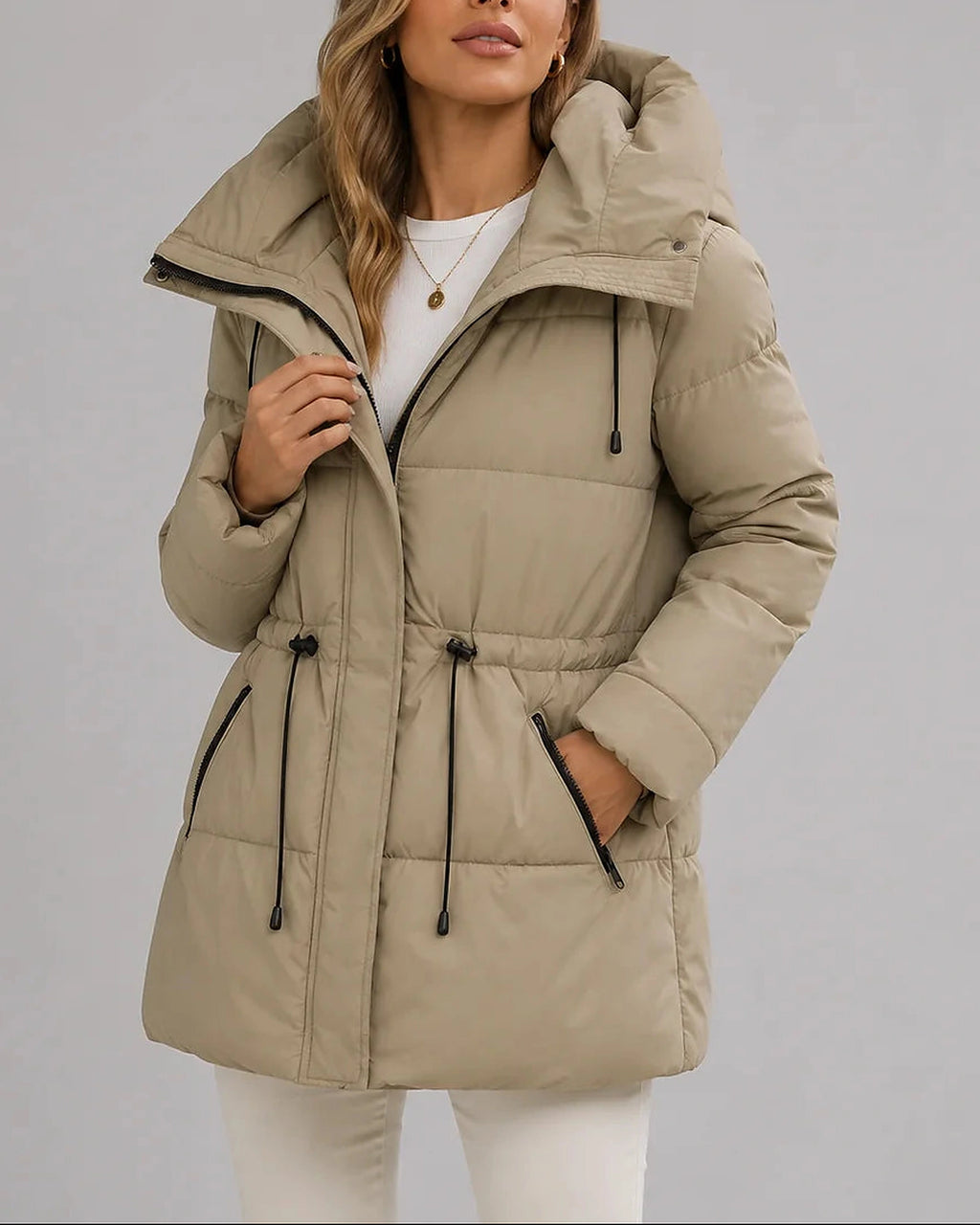 Women's Puffer Coat with Hood, Drawstring Waist and Zip Pockets, Winter Coat Women – Dora