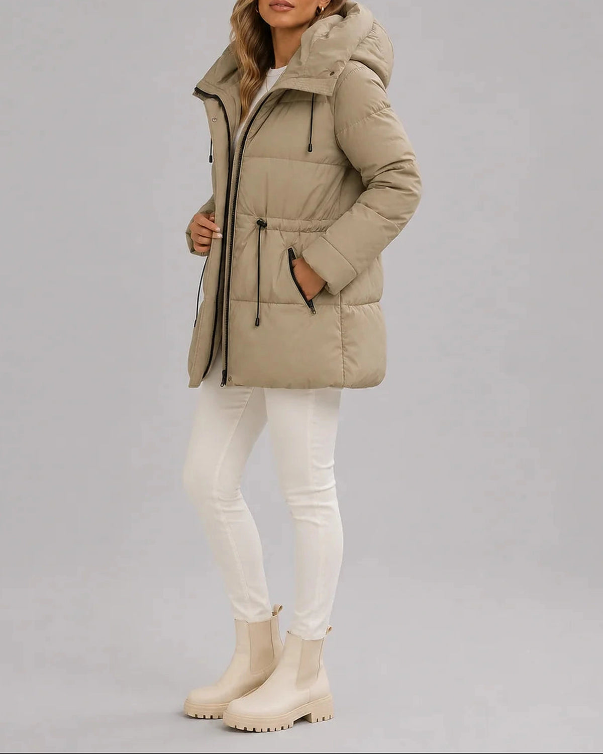 Women's Puffer Coat with Hood, Drawstring Waist and Zip Pockets, Winter Coat Women – Dora