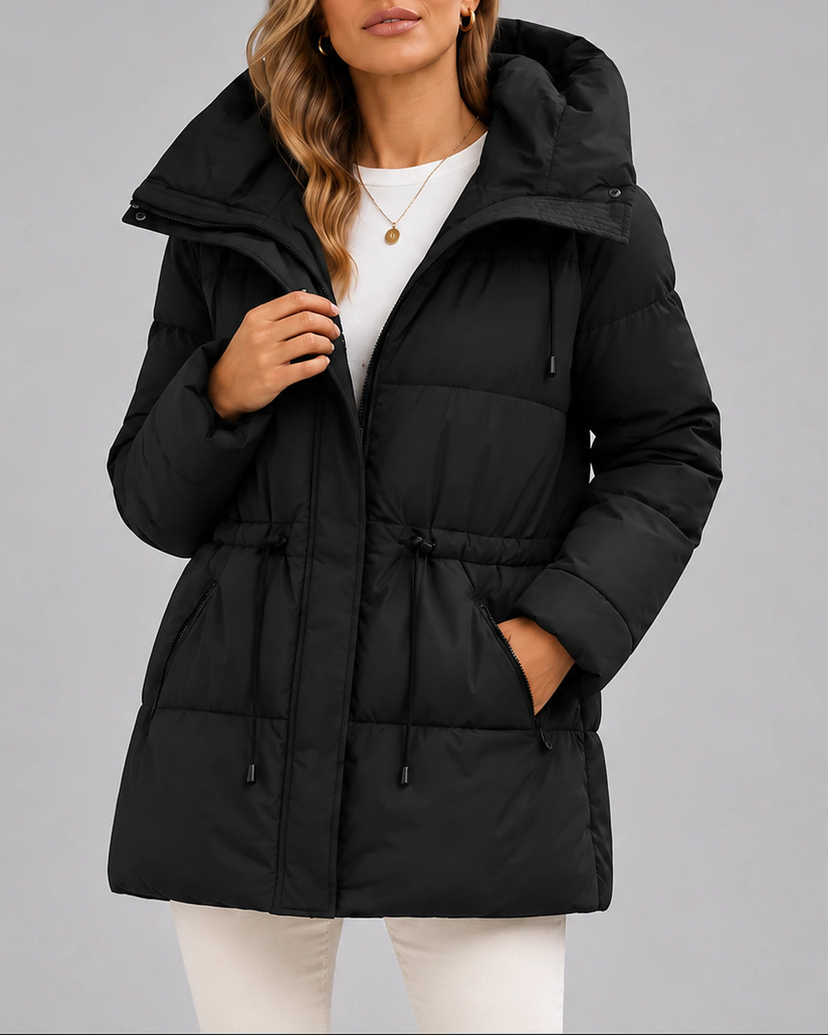 Women's Puffer Coat with Hood, Drawstring Waist and Zip Pockets, Winter Coat Women – Dora