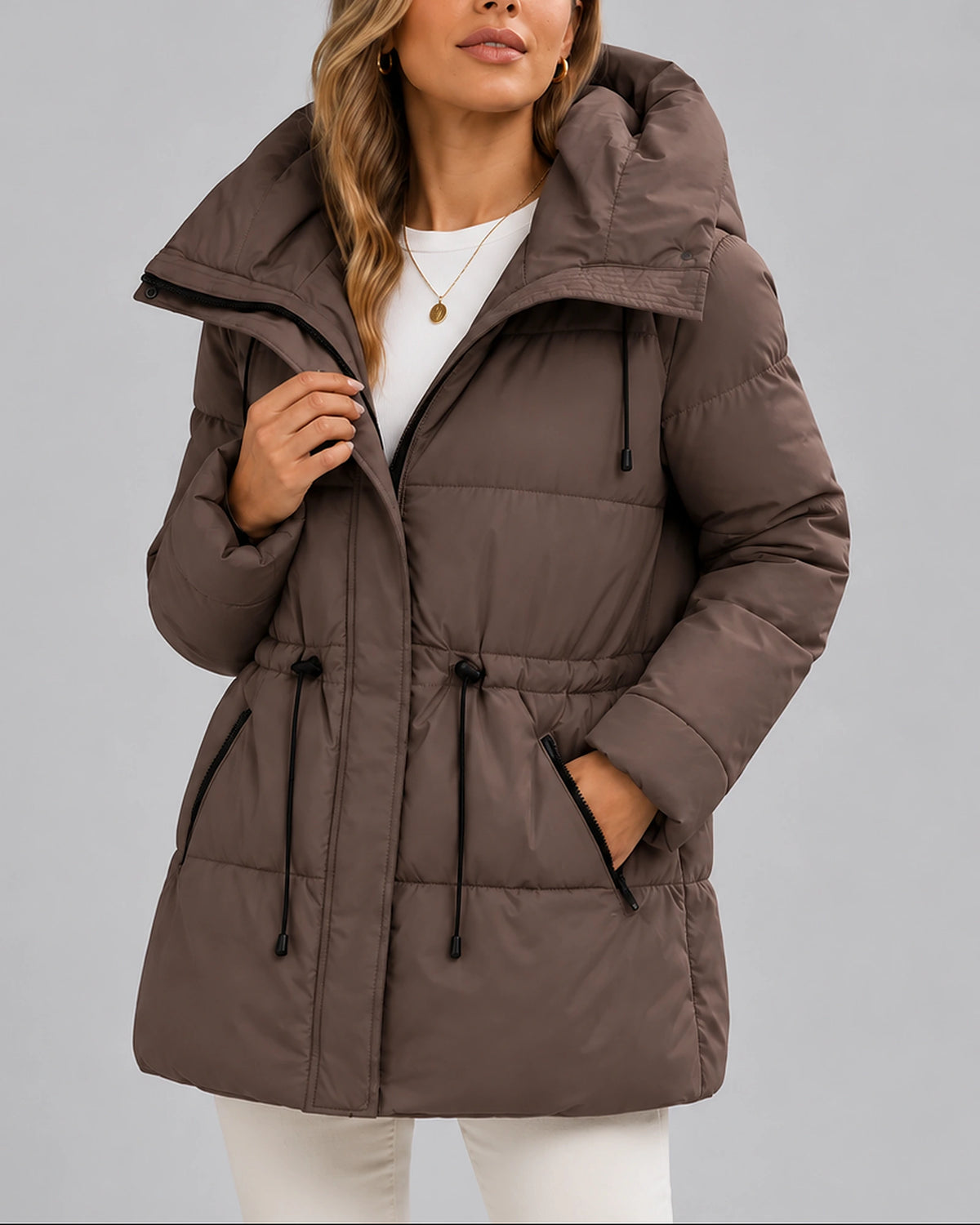 Women's Puffer Coat with Hood, Drawstring Waist and Zip Pockets, Winter Coat Women – Dora