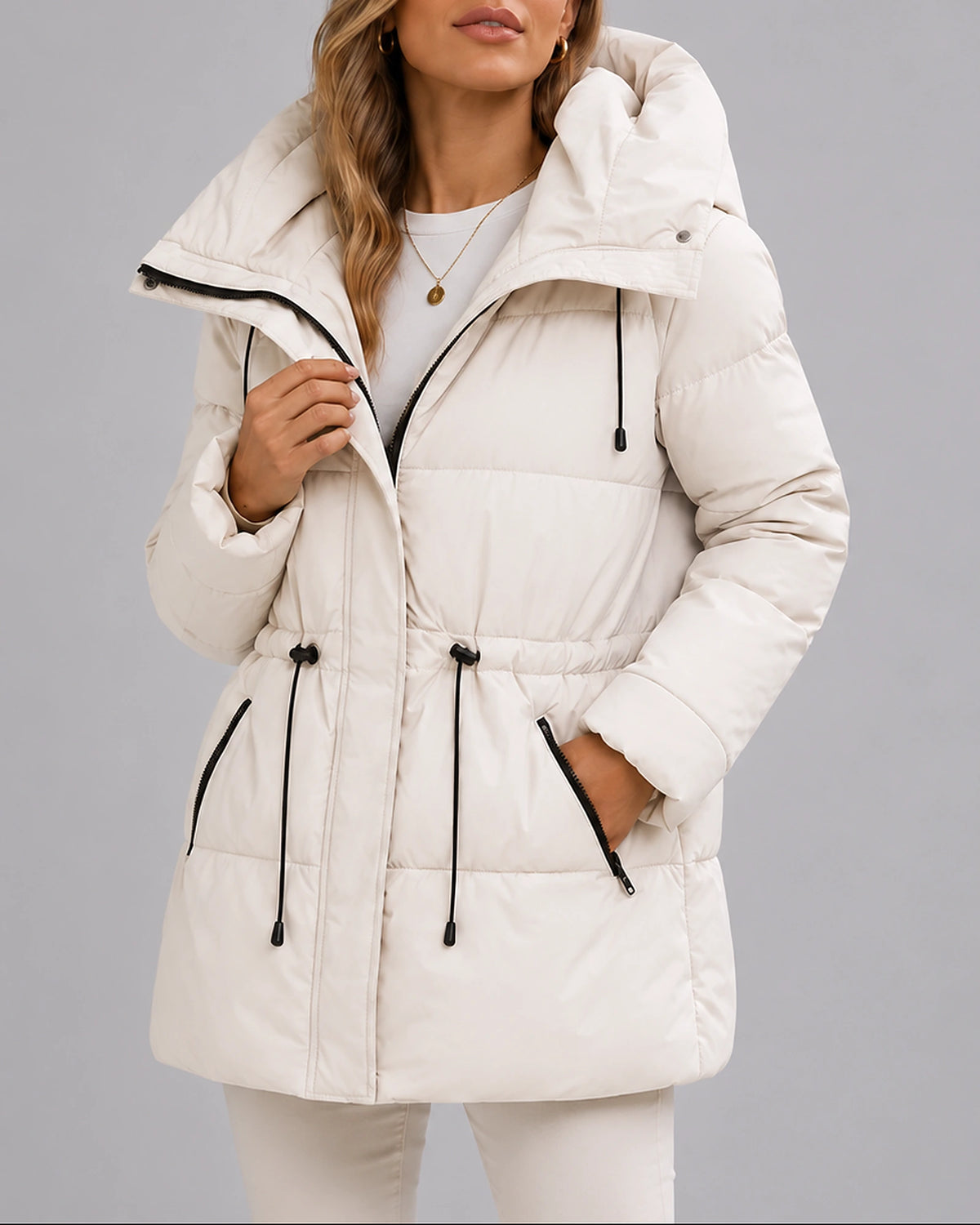 Women's Puffer Coat with Hood, Drawstring Waist and Zip Pockets, Winter Coat Women – Dora