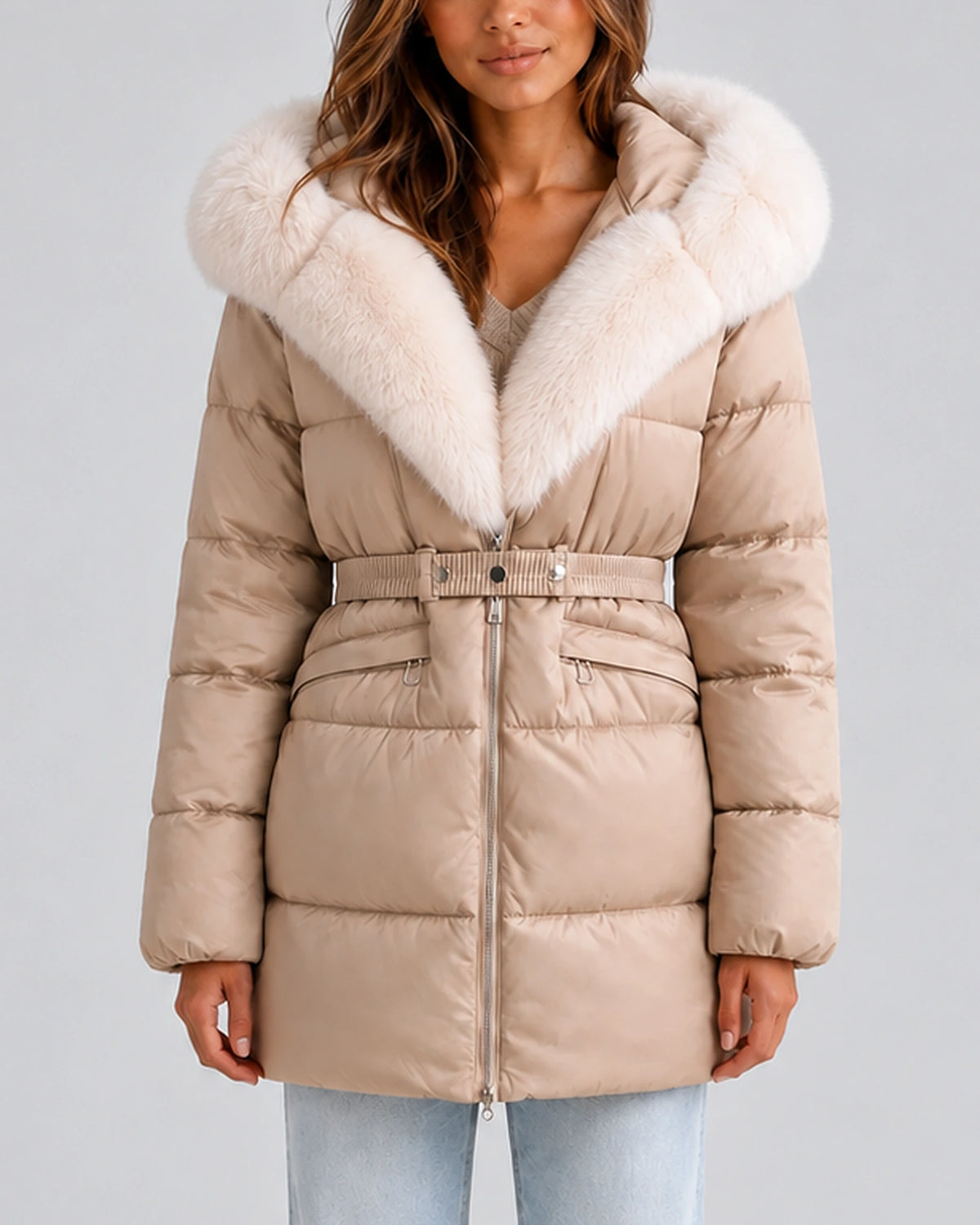 Women's Puffer Coat with Faux Fur Trim, Hood and Waist Belt for Winter – Yara