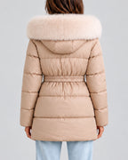 Women's Puffer Coat with Faux Fur Trim, Hood and Waist Belt for Winter – Yara
