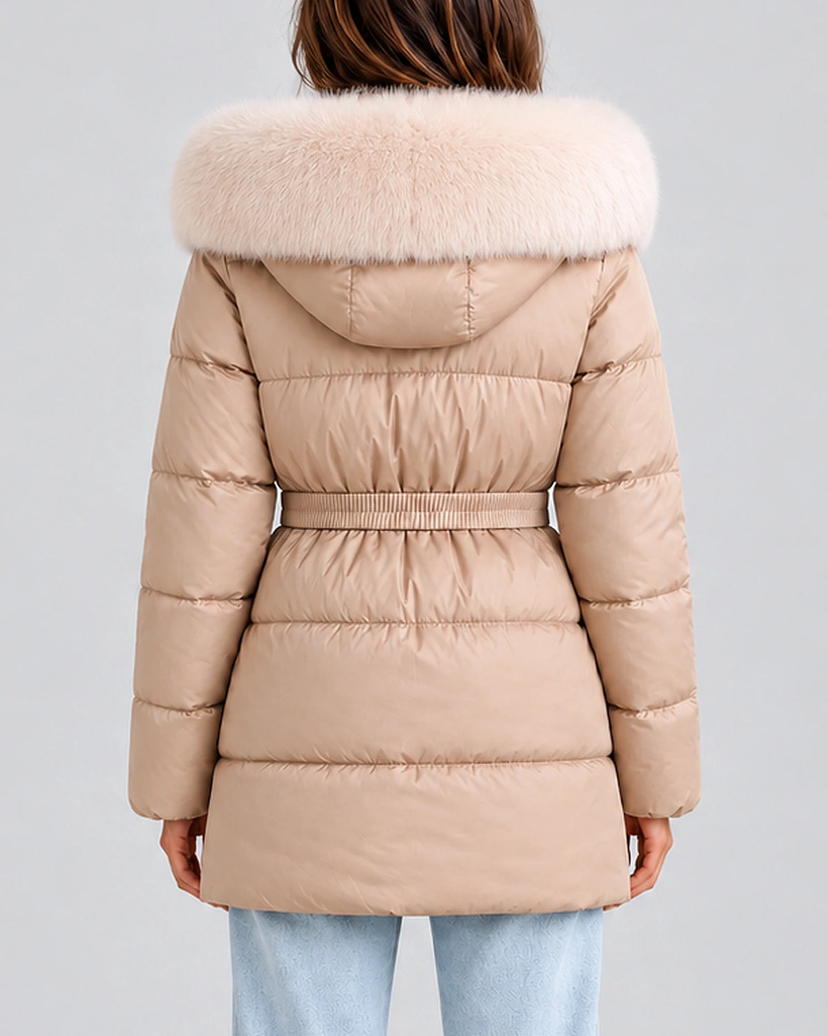 Women's Puffer Coat with Faux Fur Trim, Hood and Waist Belt for Winter – Yara