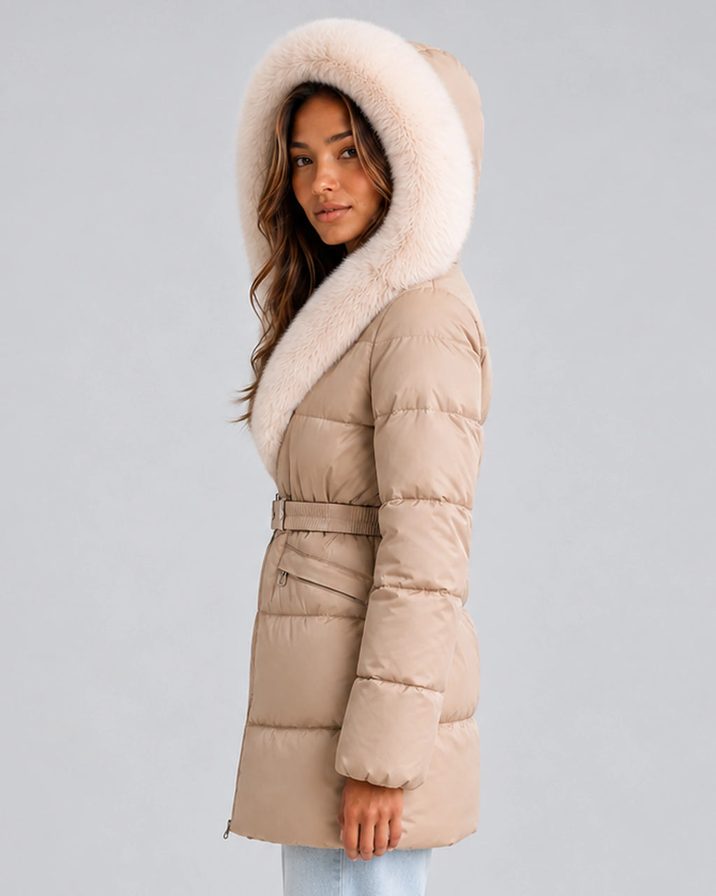 Women's Puffer Coat with Faux Fur Trim, Hood and Waist Belt for Winter – Yara