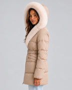 Women's Puffer Coat with Faux Fur Trim, Hood and Waist Belt for Winter – Yara