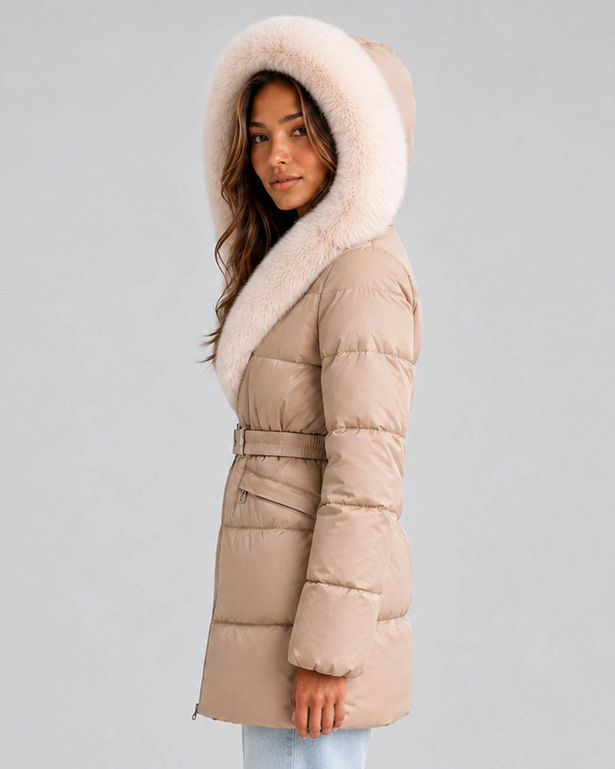 Women's Puffer Coat with Faux Fur Trim, Hood and Waist Belt for Winter – Yara