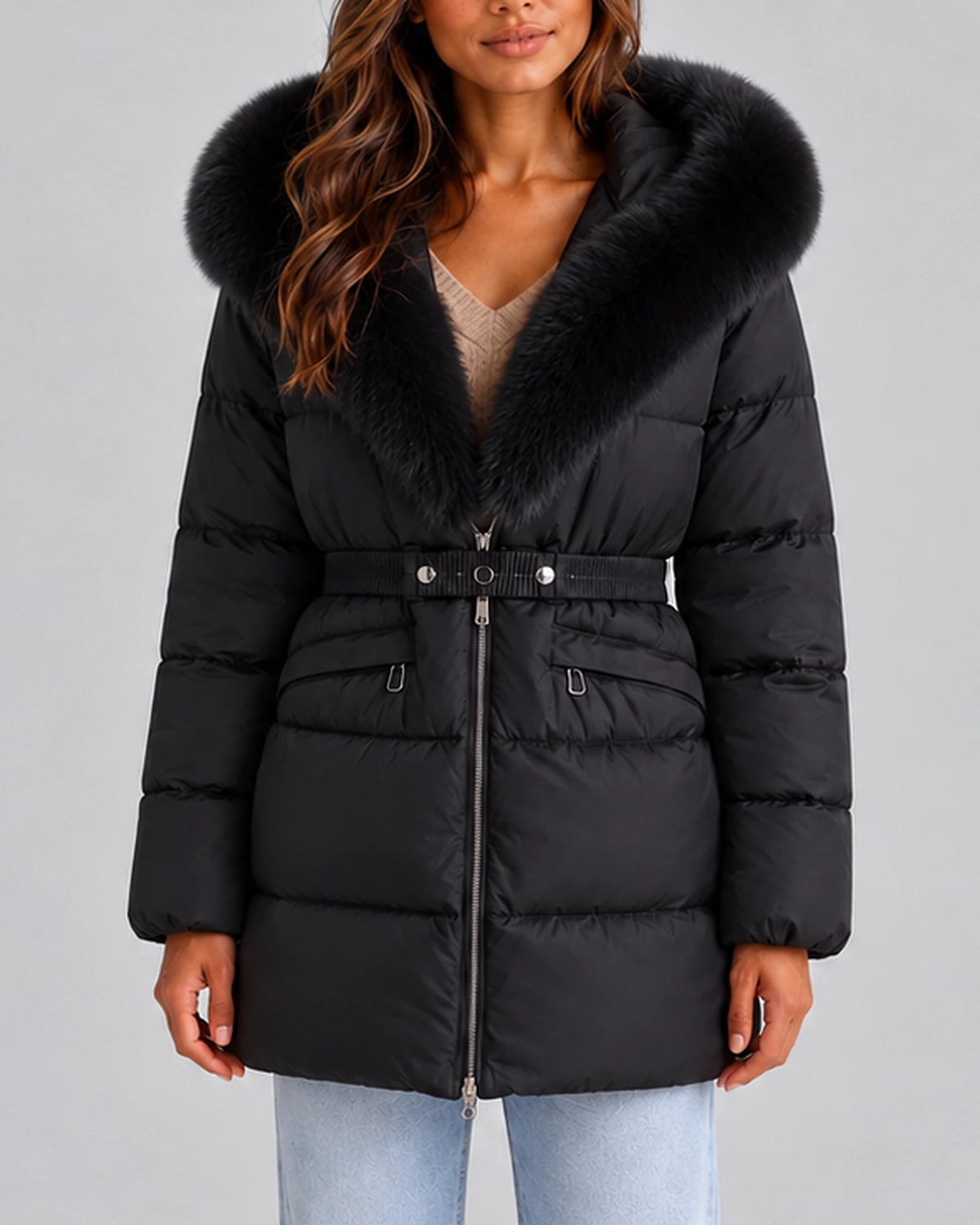 Women's Puffer Coat with Faux Fur Trim, Hood and Waist Belt for Winter – Yara