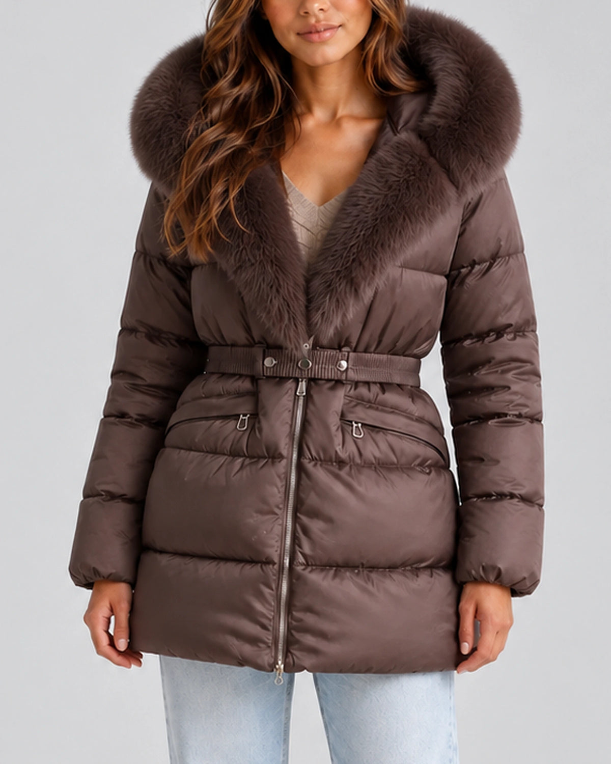 Women's Puffer Coat with Faux Fur Trim, Hood and Waist Belt for Winter – Yara