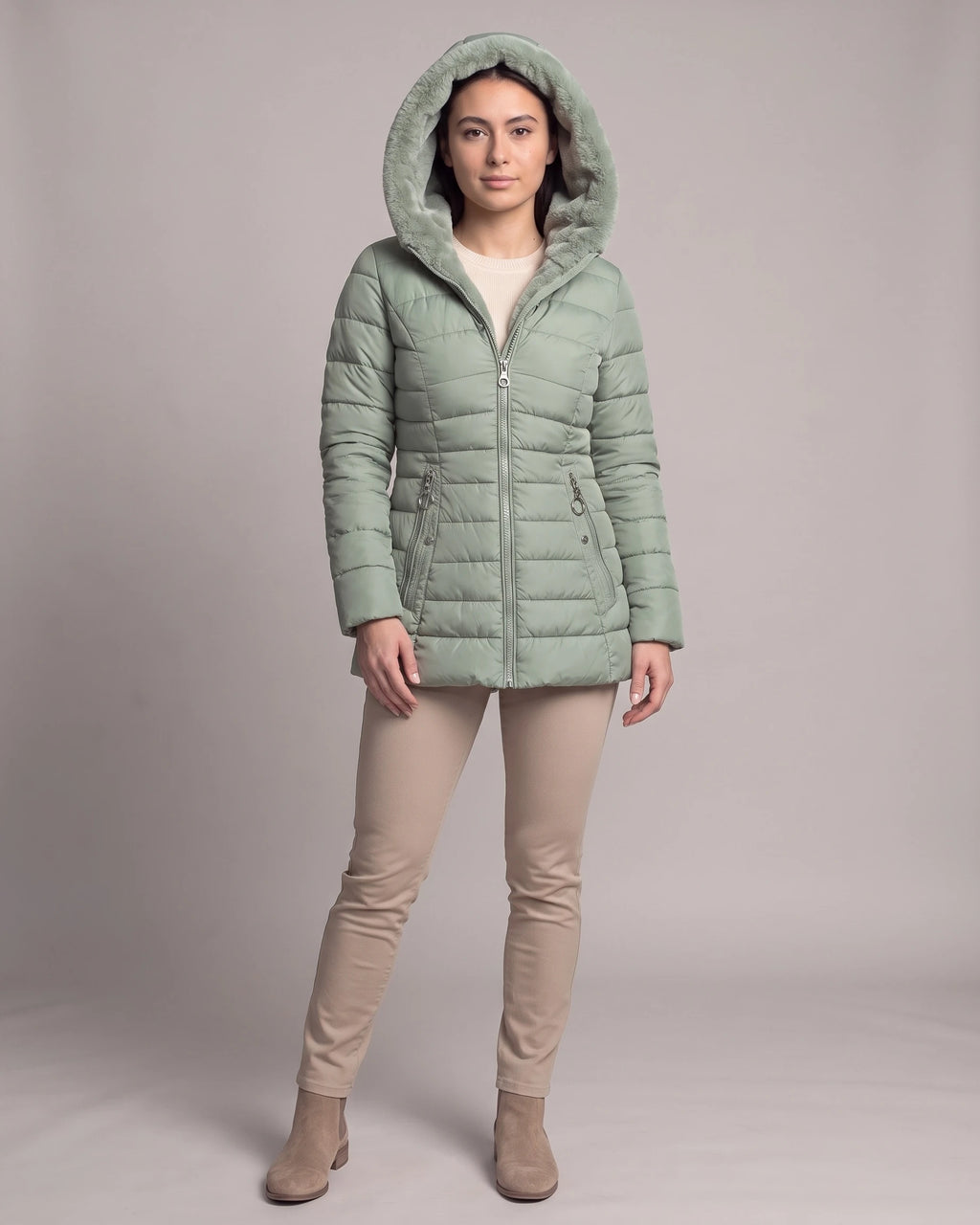 Women's Puffer Jacket with Hood, Faux Fur Trim and Zip Pockets – Aria