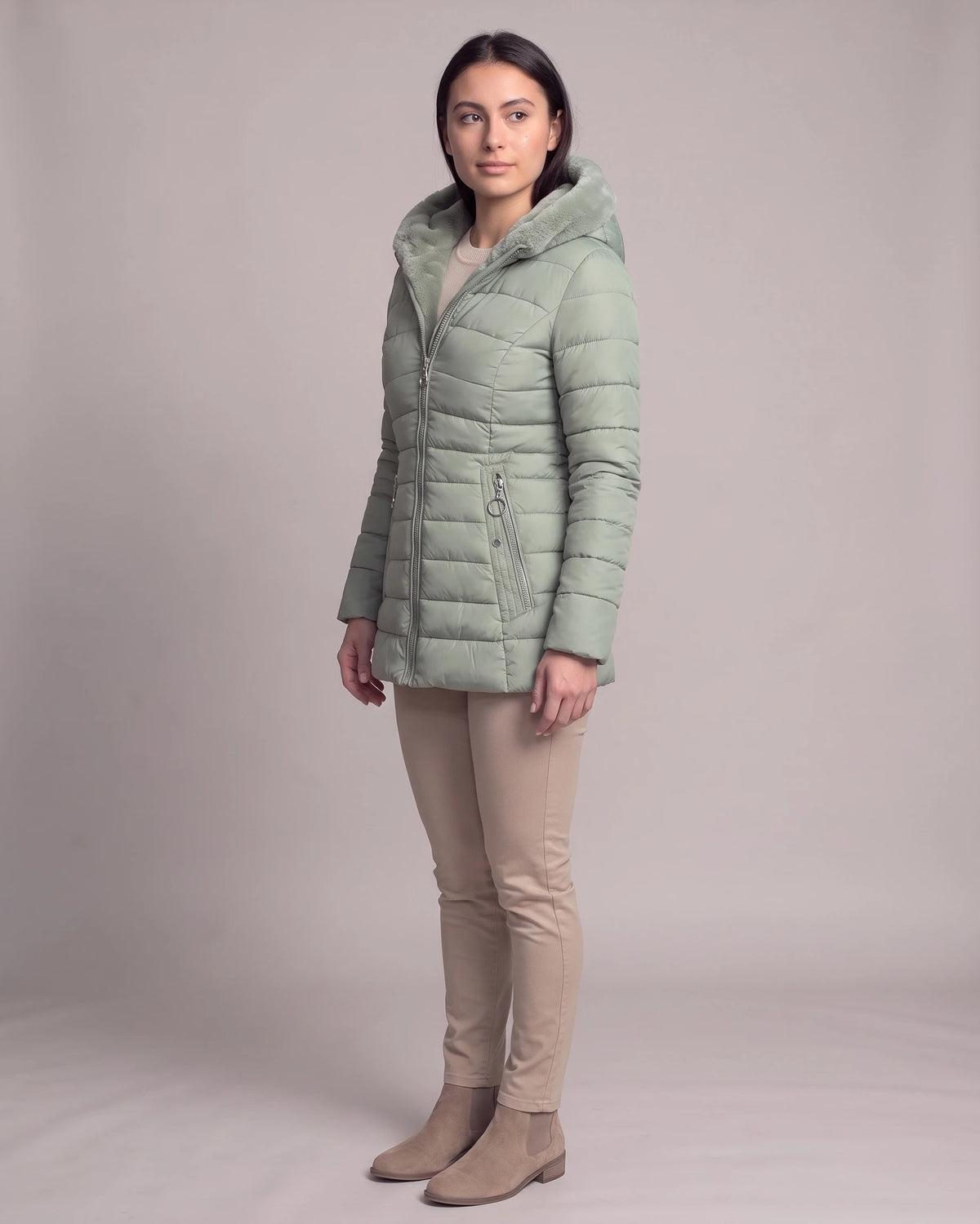 Women's Puffer Jacket with Hood, Faux Fur Trim and Zip Pockets – Aria