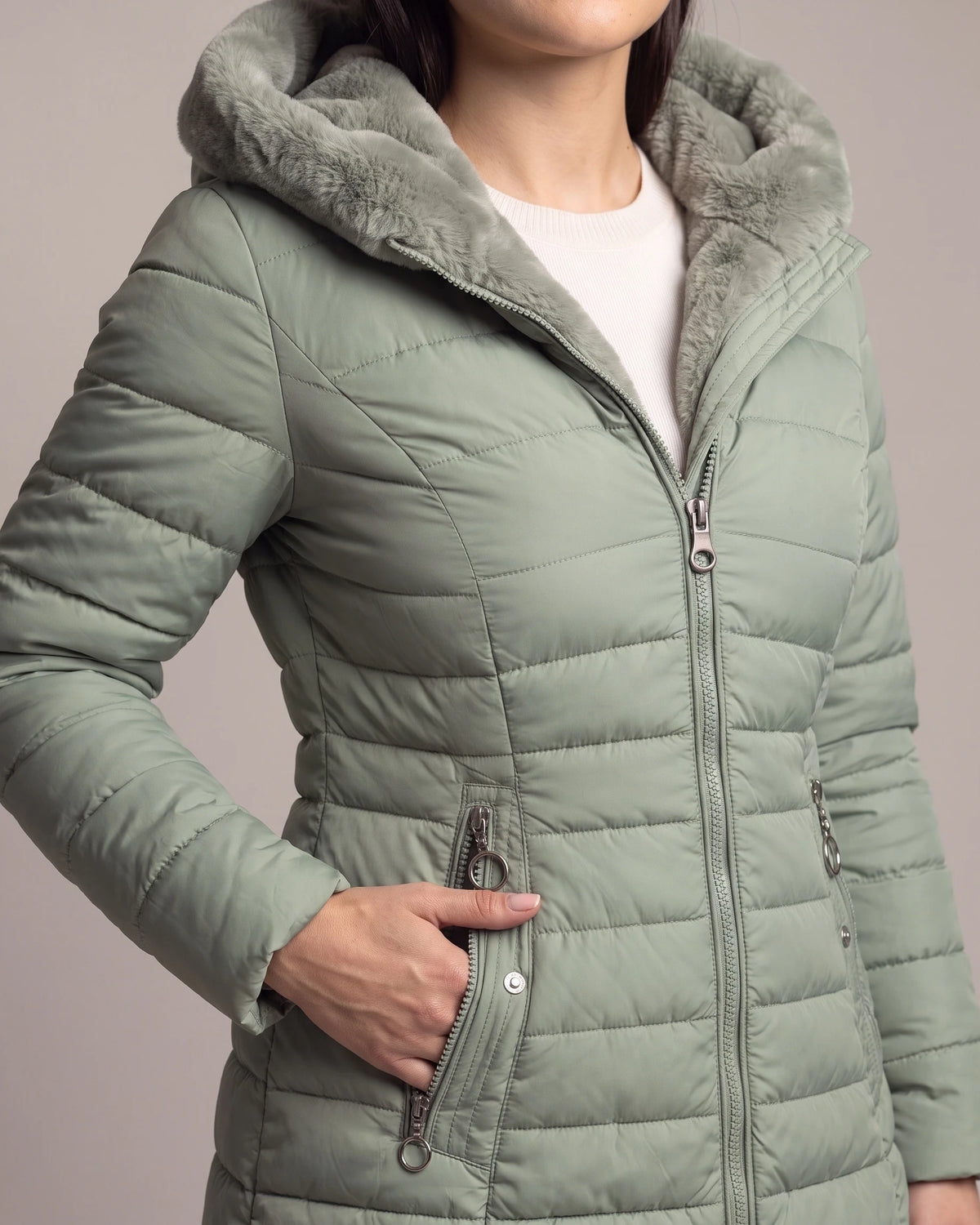 Women's Puffer Jacket with Hood, Faux Fur Trim and Zip Pockets – Aria