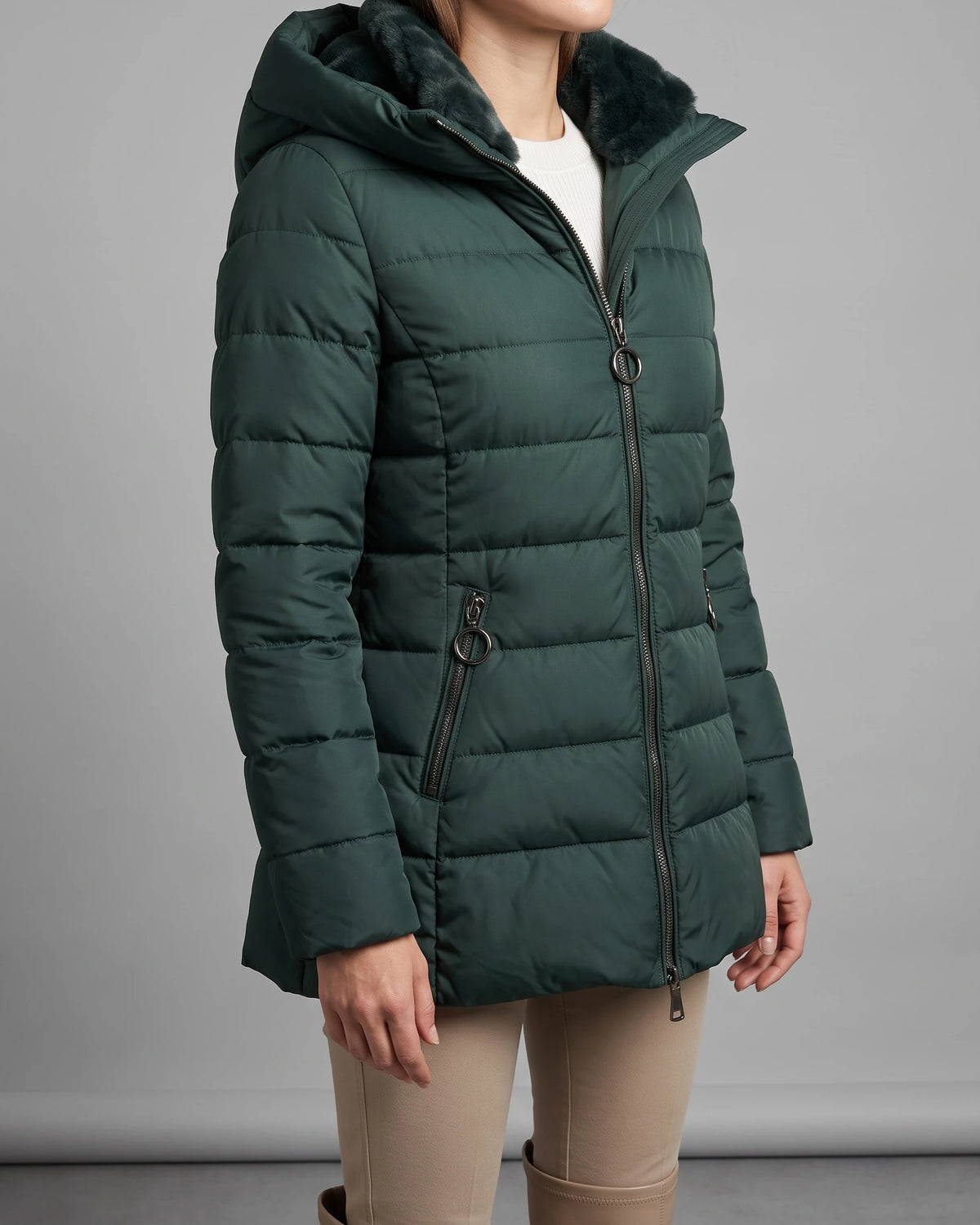Women's Puffer Jacket with Hood, Faux Fur Trim and Zip Pockets – Aria