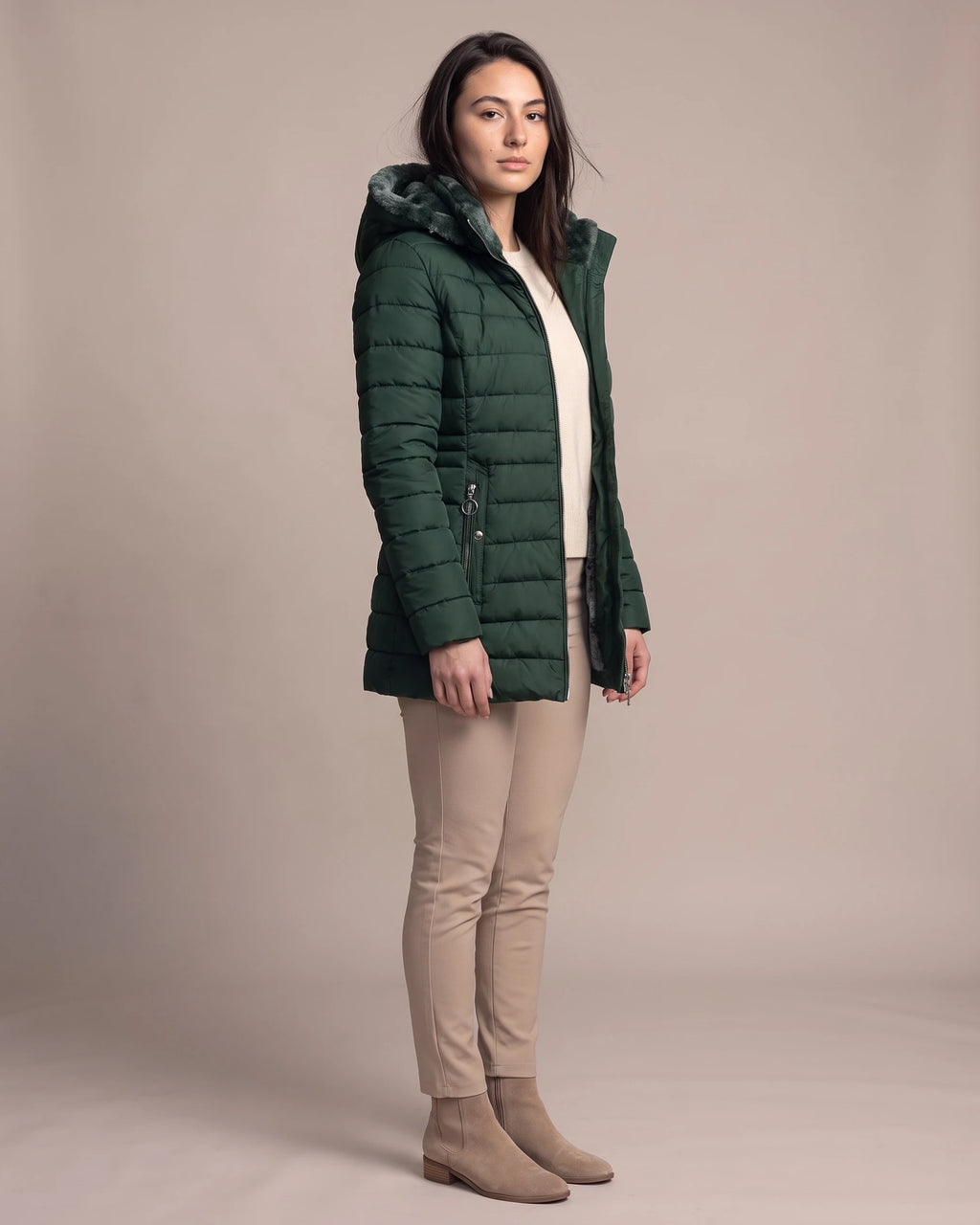 Women's Puffer Jacket with Hood, Faux Fur Trim and Zip Pockets – Aria