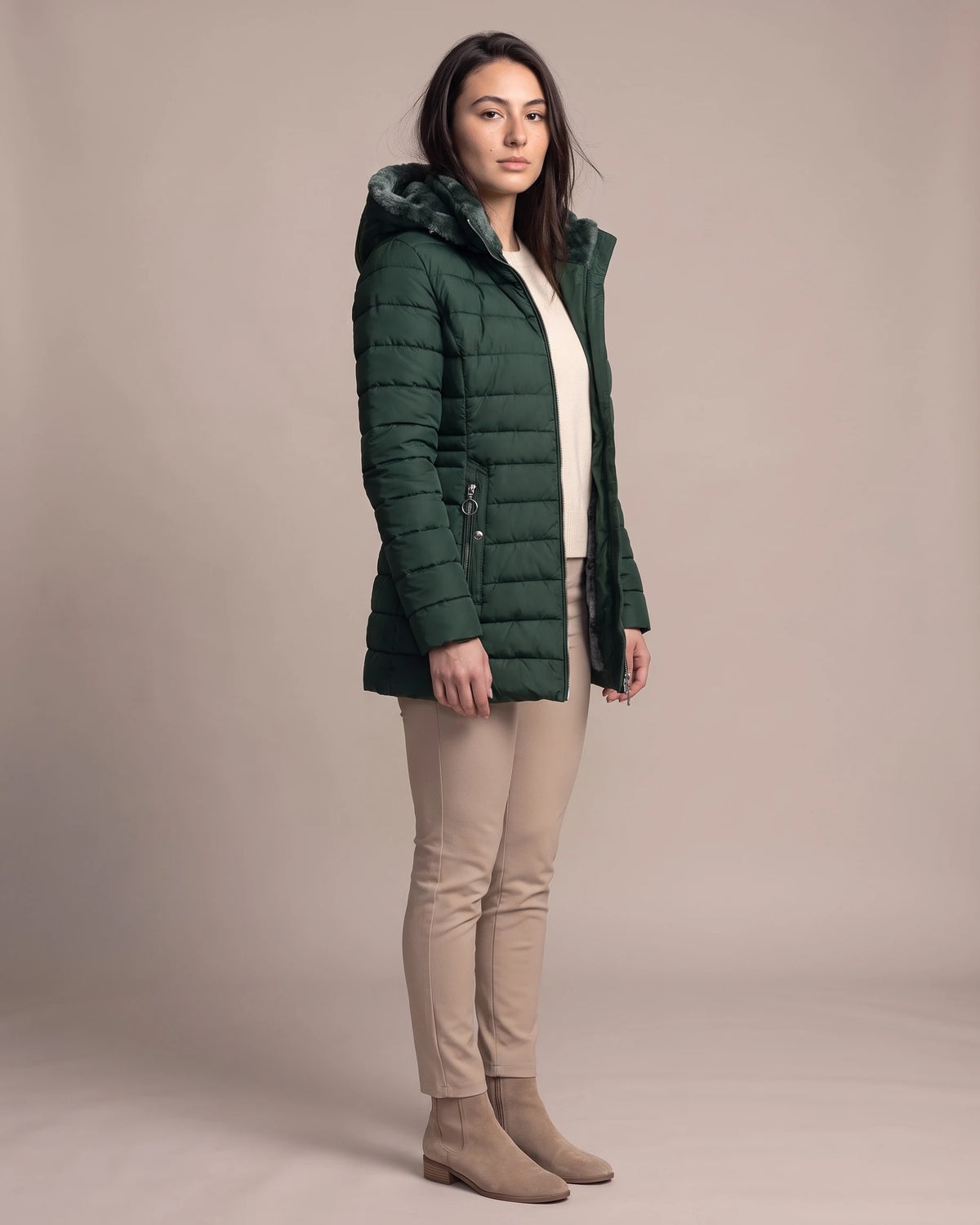 Women's Puffer Jacket with Hood, Faux Fur Trim and Zip Pockets – Aria